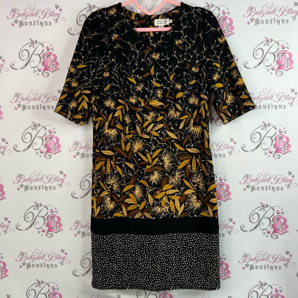 Molly Bracken dress flowers leaf leaves Black and Gold Patterned zip up back